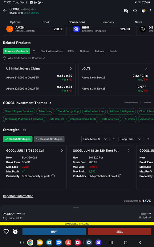 The connections related products on the android tablet. 